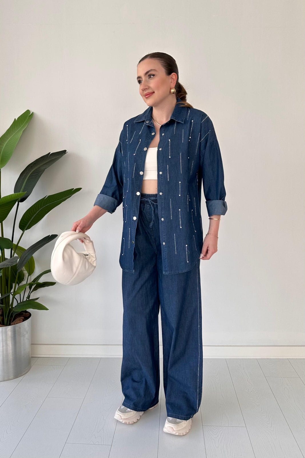 Crystal-Studded Denim Co-ord Set