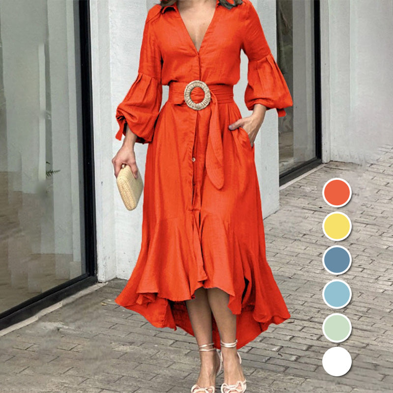 Women's V-Neck Waisted Dress with Asymmetrical Edge