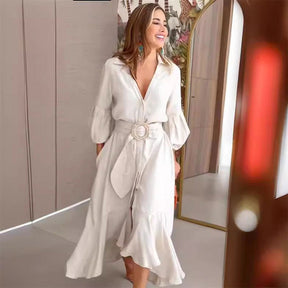 Women's V-Neck Waisted Dress with Asymmetrical Edge