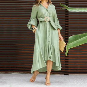 Women's V-Neck Waisted Dress with Asymmetrical Edge