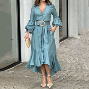 Women's V-Neck Waisted Dress with Asymmetrical Edge