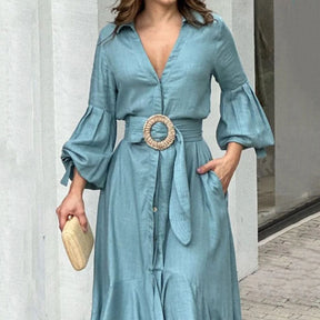Women's V-Neck Waisted Dress with Asymmetrical Edge