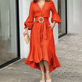 Women's V-Neck Waisted Dress with Asymmetrical Edge