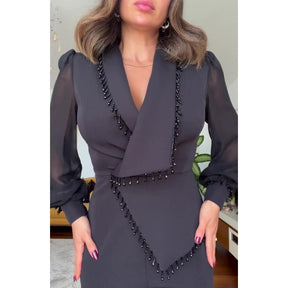 🌸 Elegant Black Beaded Top & Wide-Leg Pants🌸