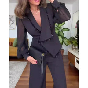 🌸 Elegant Black Beaded Top & Wide-Leg Pants🌸