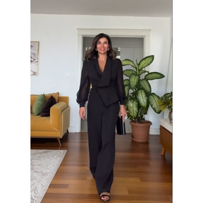 🌸 Elegant Black Beaded Top & Wide-Leg Pants🌸
