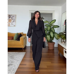 🌸 Elegant Black Beaded Top & Wide-Leg Pants🌸