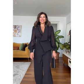 🌸 Elegant Black Beaded Top & Wide-Leg Pants🌸