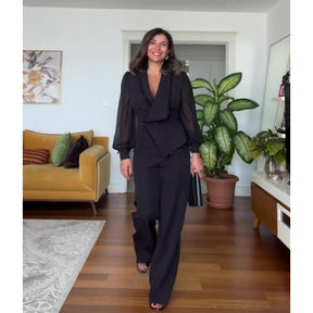 🌸 Elegant Black Beaded Top & Wide-Leg Pants🌸