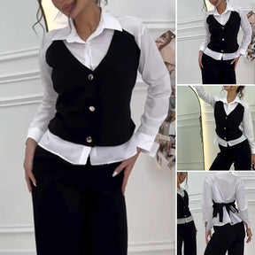 Women's Faux Two-Piece Shirt Vest & Pants Set