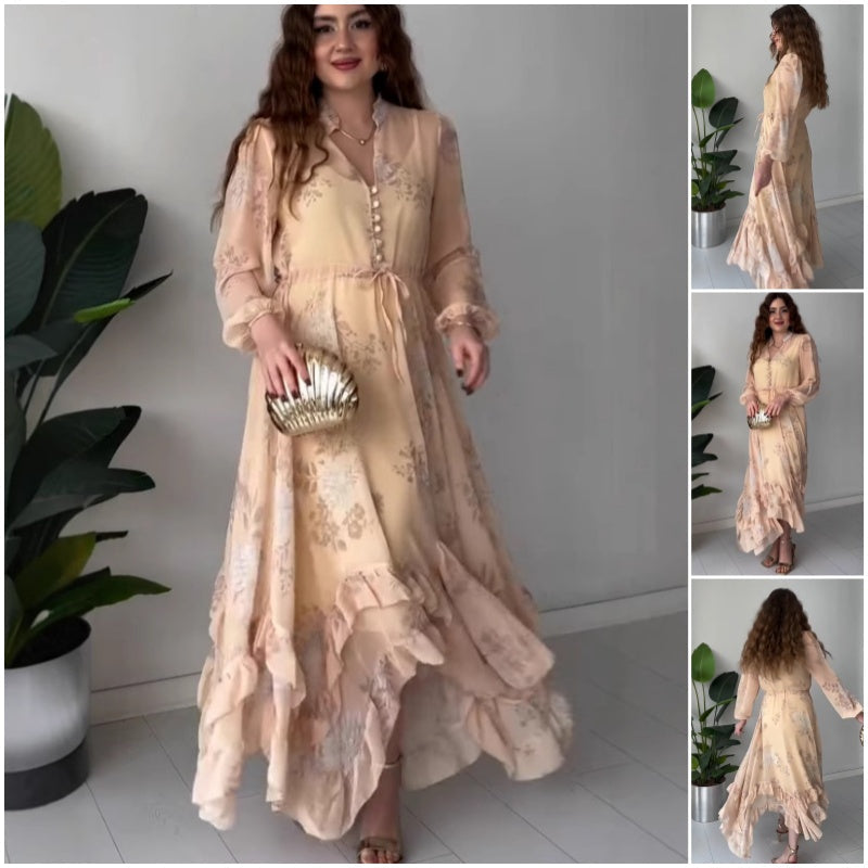 🌸Spring Specials🌸 Women's Elegant Mesh Long-Sleeve Floral Drawstring Dress