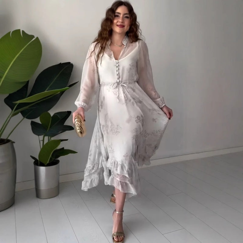 🌸Spring Specials🌸 Women's Elegant Mesh Long-Sleeve Floral Drawstring Dress