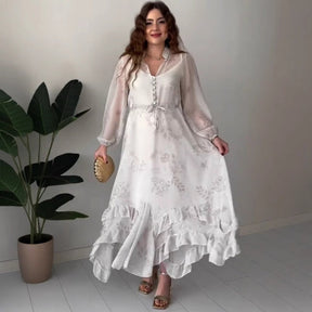🌸Spring Specials🌸 Women's Elegant Mesh Long-Sleeve Floral Drawstring Dress