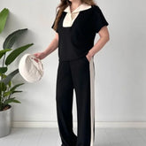 💖Limited Sale💖Open Collar Patchwork Wide Leg Pants Casual Set