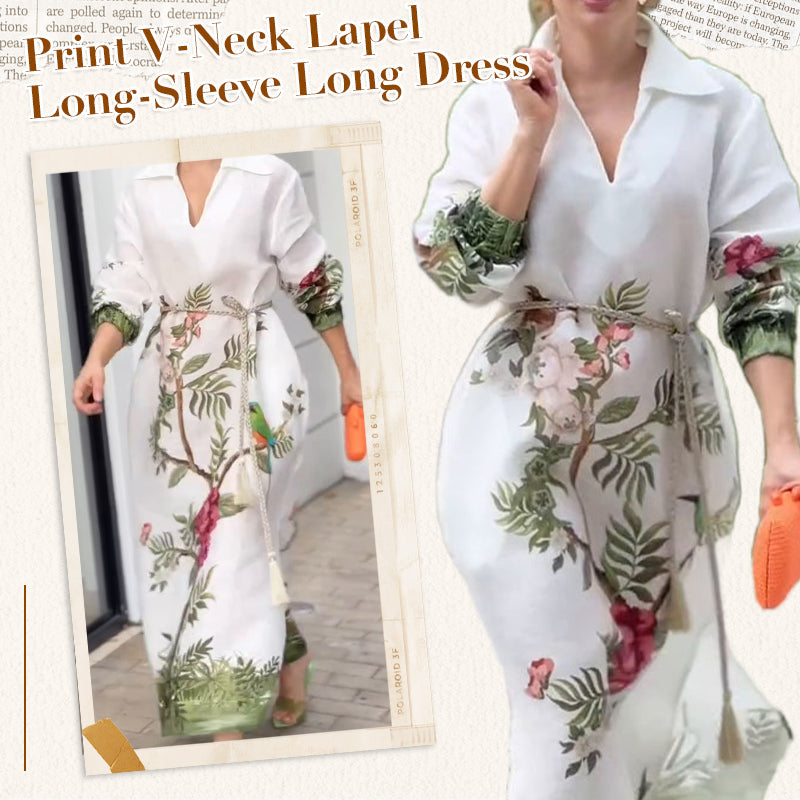 Women’s Print V-Neck Lapel Long-Sleeve Long Dress👗