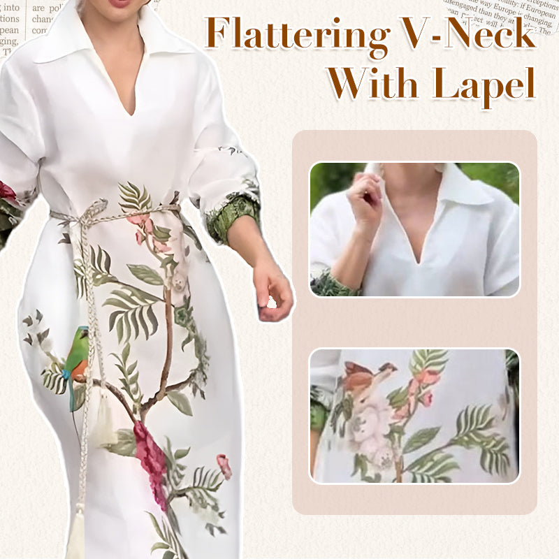 Women’s Print V-Neck Lapel Long-Sleeve Long Dress👗