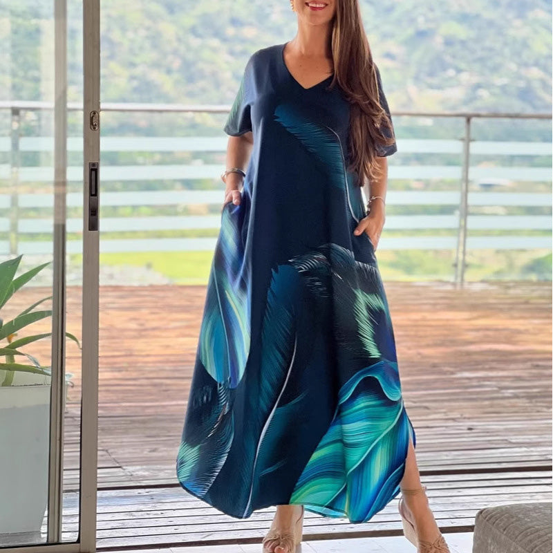 Women's Loose Casual V-Neck Printed Short Sleeve Dresses🌸
