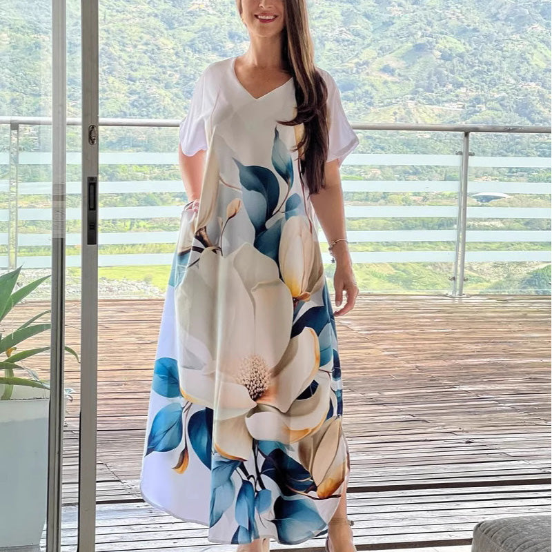 Women's Loose Casual V-Neck Printed Short Sleeve Dresses🌸