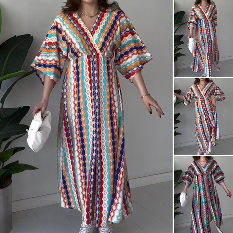 ⏰50%OFF💖Women's Printed Color-Block V-Neck Maxi Dress