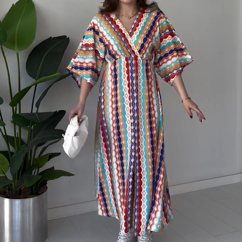 ⏰50%OFF💖Women's Printed Color-Block V-Neck Maxi Dress