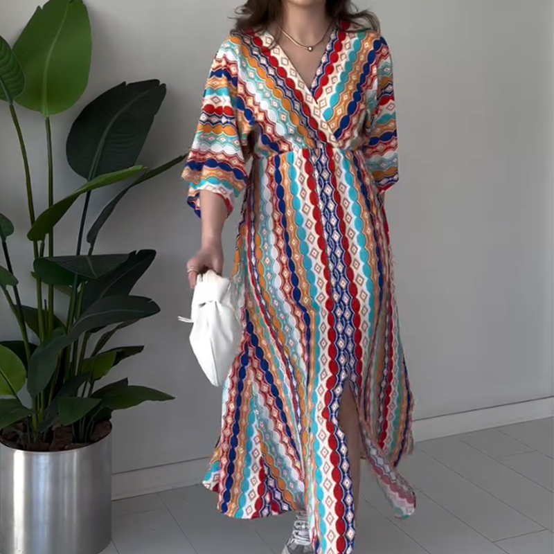 ⏰50%OFF💖Women's Printed Color-Block V-Neck Maxi Dress
