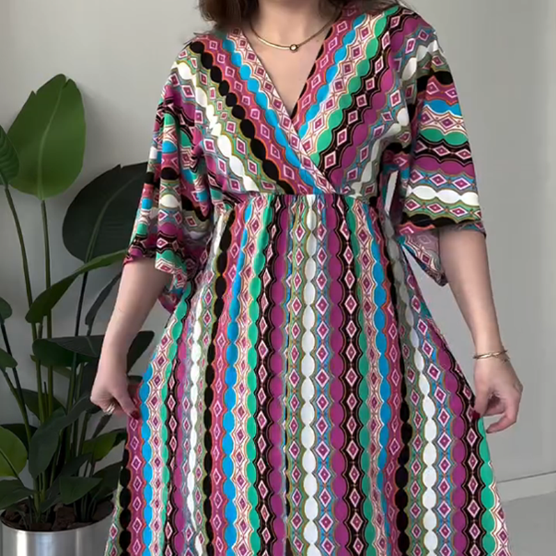 ⏰50%OFF💖Women's Printed Color-Block V-Neck Maxi Dress
