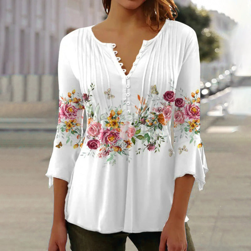 ⏳Time-limited Special⏰Women's Floral Button V-Neck Pleated 3/4 Sleeve T-Shirt