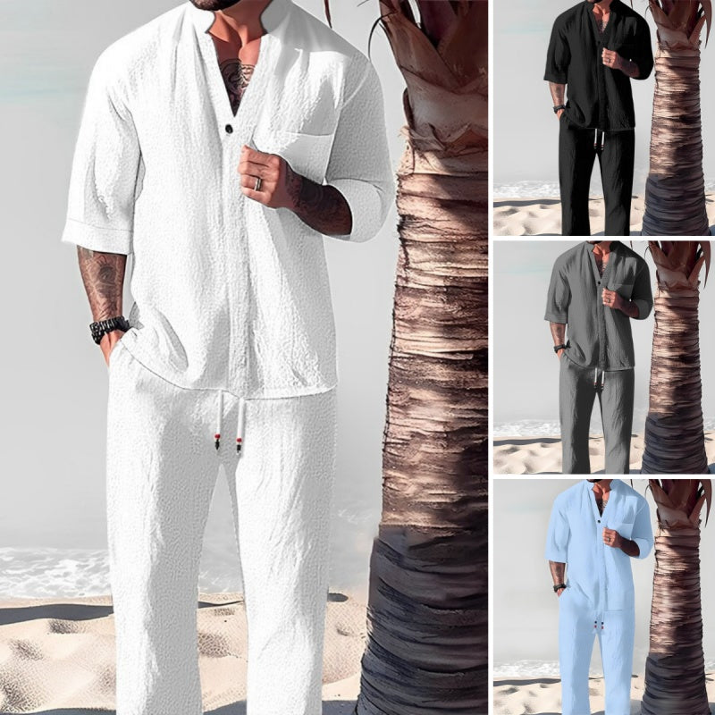 Men's Trendy Cotton Linen Top & Pants Two-Piece Set