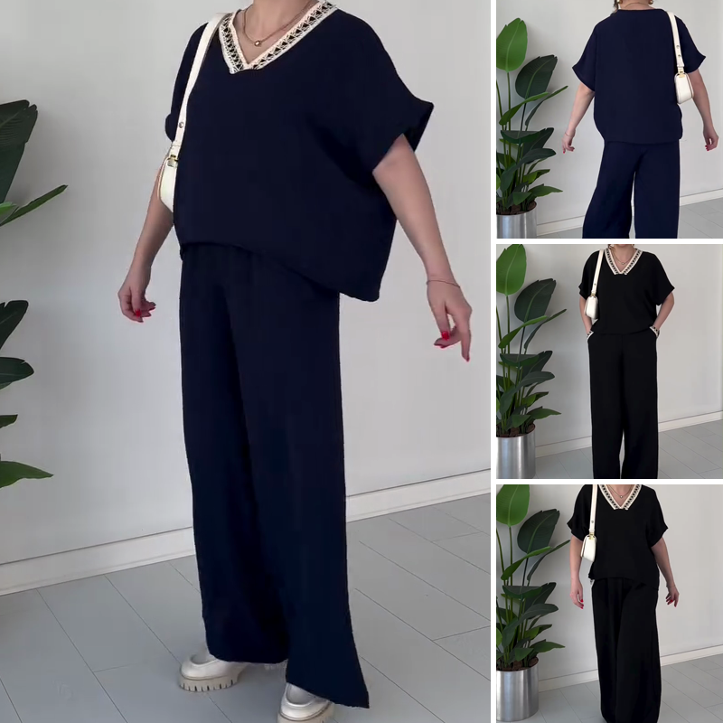 Women's Casual V-Neck Top & Wide-Leg Pants Set