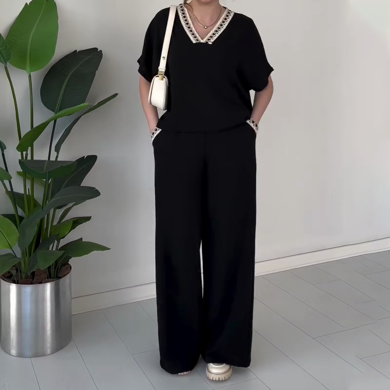 Women's Casual V-Neck Top & Wide-Leg Pants Set