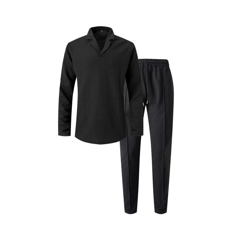 Elegant Men's Two-Piece Set with Collared Top & Drawstring Pants