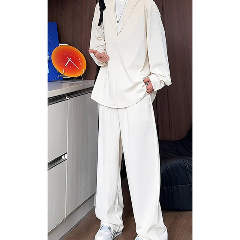 False Two-Piece V-Neck Shirt & Pants Set