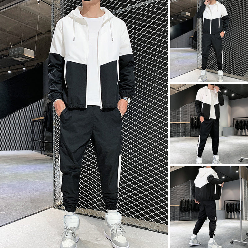 Men's Comfortable Color-Block Hooded Jacket & Drawstring Pants