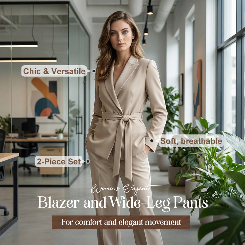 🎁New arrival 50% OFF💥Women's Elegant Tie-Waist Blazer and Wide-Leg Pants Suit Set