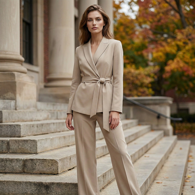 🎁New arrival 50% OFF💥Women's Elegant Tie-Waist Blazer and Wide-Leg Pants Suit Set