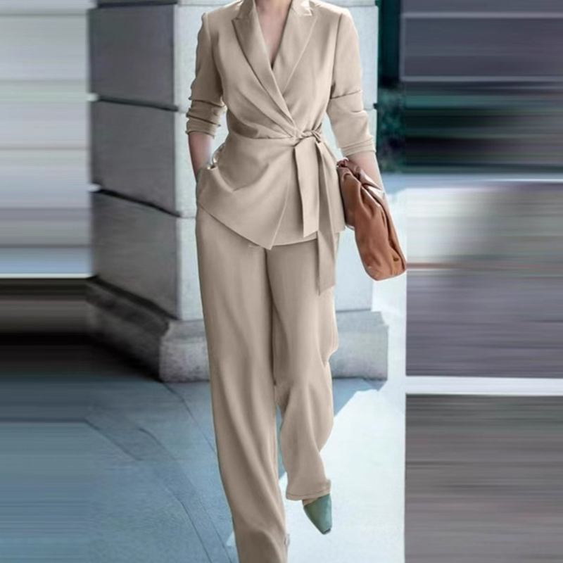 🎁New arrival 50% OFF💥Women's Elegant Tie-Waist Blazer and Wide-Leg Pants Suit Set