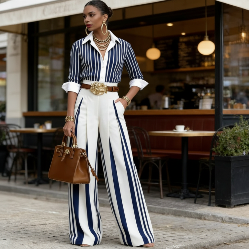 🎁New arrival 50% OFF💥 Women's Striped Shirt & Wide-Leg Pants 2-Piece Set