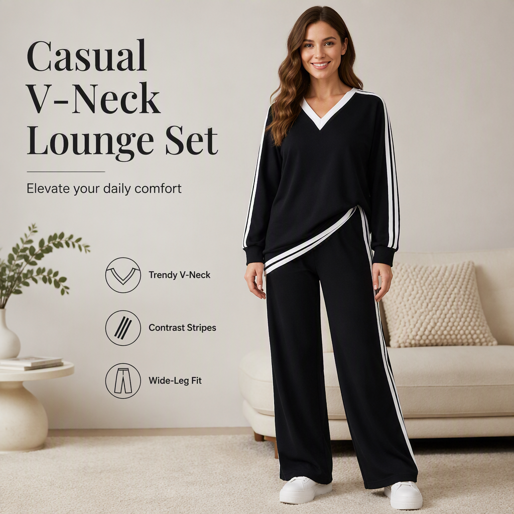 ⌛Limited-time offer-Women's Two-Piece Casual Set V-Neck Long Sleeve Top and Wide Leg Striped Pants Outfit