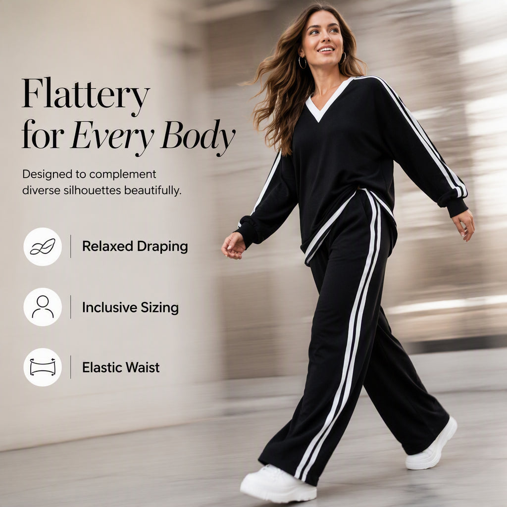 ⌛Limited-time offer-Women's Two-Piece Casual Set V-Neck Long Sleeve Top and Wide Leg Striped Pants Outfit