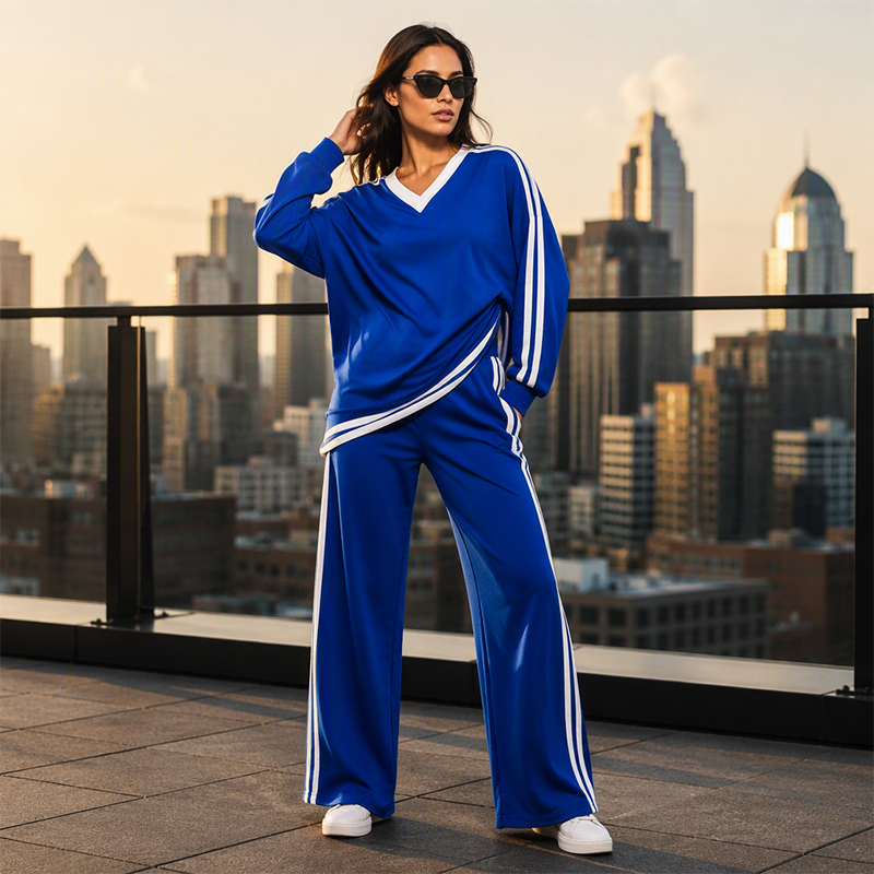 ⌛Limited-time offer-Women's Two-Piece Casual Set V-Neck Long Sleeve Top and Wide Leg Striped Pants Outfit