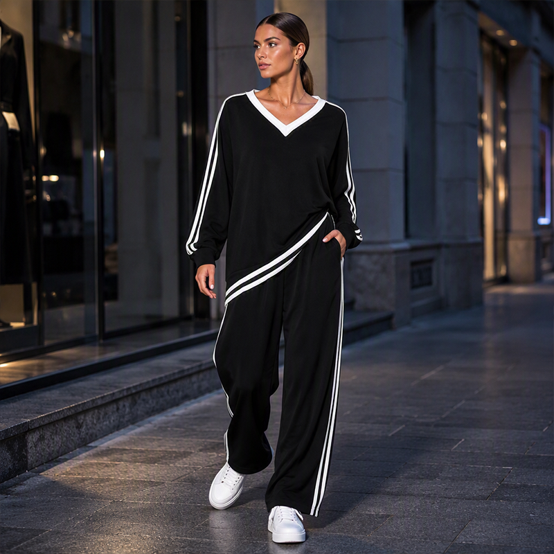 ⌛Limited-time offer-Women's Two-Piece Casual Set V-Neck Long Sleeve Top and Wide Leg Striped Pants Outfit