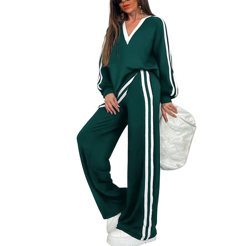 ⌛Limited-time offer-Women's Two-Piece Casual Set V-Neck Long Sleeve Top and Wide Leg Striped Pants Outfit