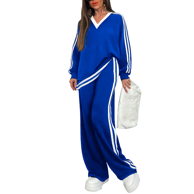 ⌛Limited-time offer-Women's Two-Piece Casual Set V-Neck Long Sleeve Top and Wide Leg Striped Pants Outfit