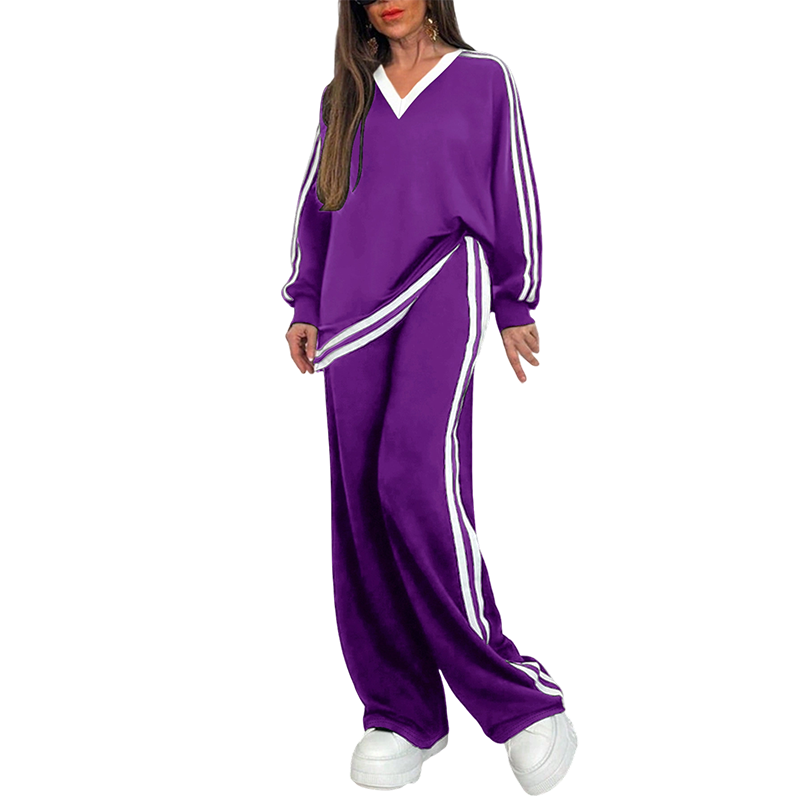 ⌛Limited-time offer-Women's Two-Piece Casual Set V-Neck Long Sleeve Top and Wide Leg Striped Pants Outfit
