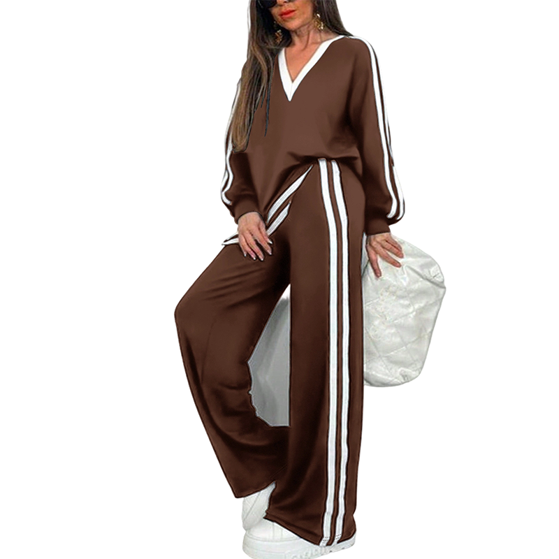 ⌛Limited-time offer-Women's Two-Piece Casual Set V-Neck Long Sleeve Top and Wide Leg Striped Pants Outfit