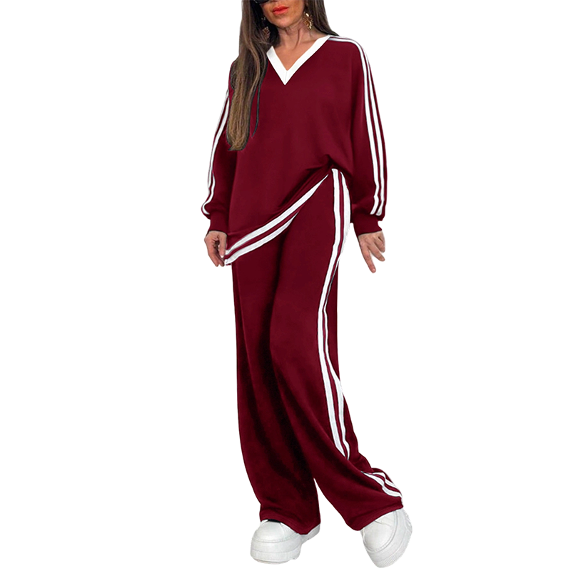 ⌛Limited-time offer-Women's Two-Piece Casual Set V-Neck Long Sleeve Top and Wide Leg Striped Pants Outfit