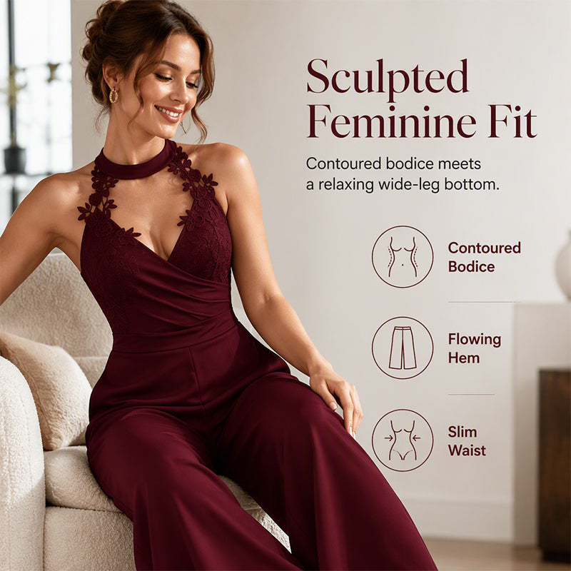 Women Elegant Halter Lace Pleated Wide Leg Jumpsuit