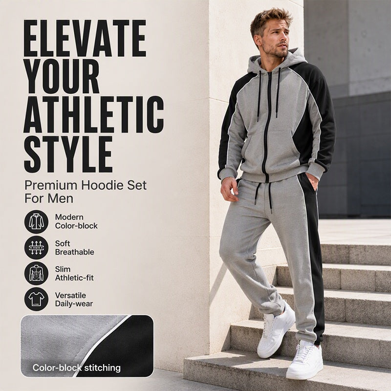 Men's Color-Block Zip-Up Hoodie & Tracksuit Set