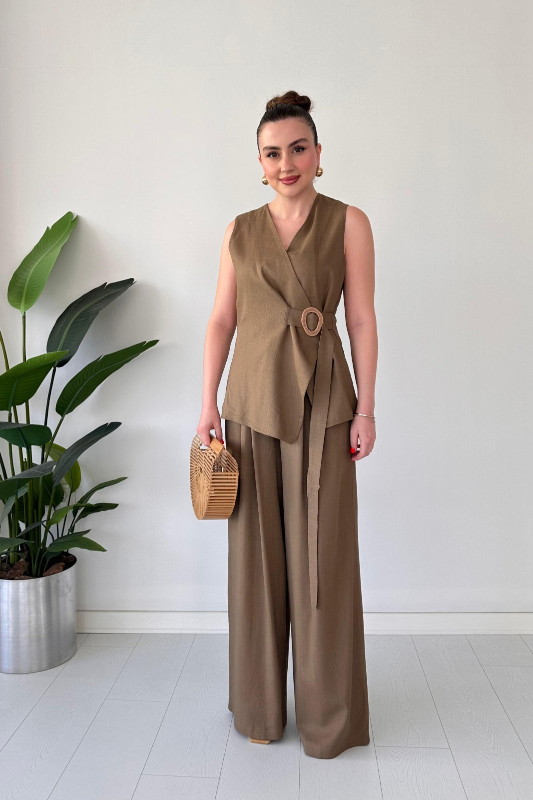 Linen Buckled Wrap Vest & Wide-Leg Pant Suit