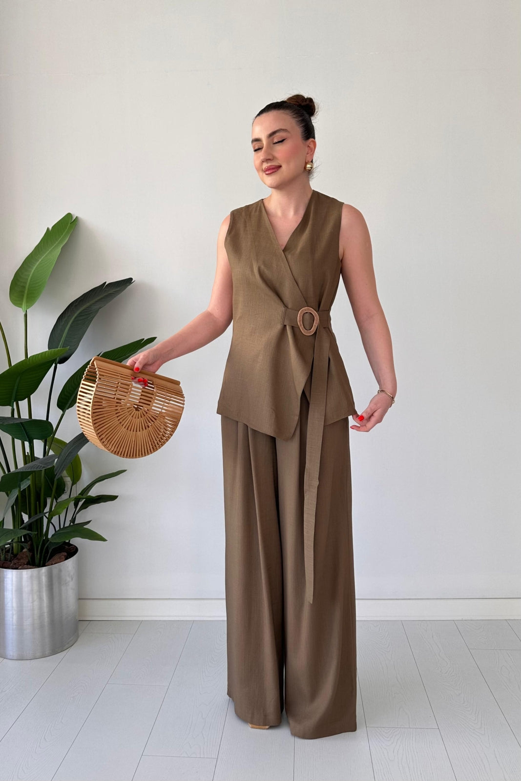 Linen Buckled Wrap Vest & Wide-Leg Pant Suit